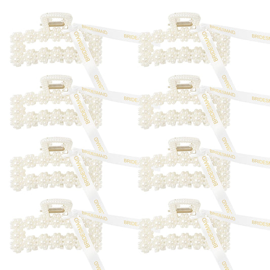 8 PCS Pearl Bridesmaid Gifts Rectangle Hair Claw Clips with Ribbon 3 Inch Hair Hccessories for Wedding Bachelorette Party Favors