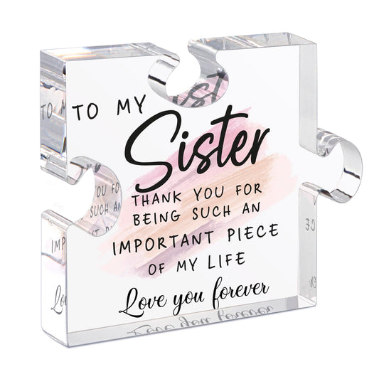LukieJac Sister Gifts from Sister - Unique Sister Birthday Acrylic Puzzle-Shaped Plaque Desk Decorations Present for Big Sister Mothers Day Christmas Wedding from Sister Brother