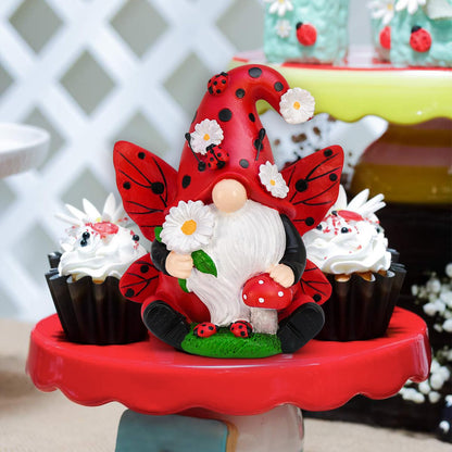 Ladybug Gnome Garden Decor, Fairy Gnome Figurine with Flowers, Spring Summer Outdoor Garden Decorations for Yard Lawn Patio, Garden Gifts for Women