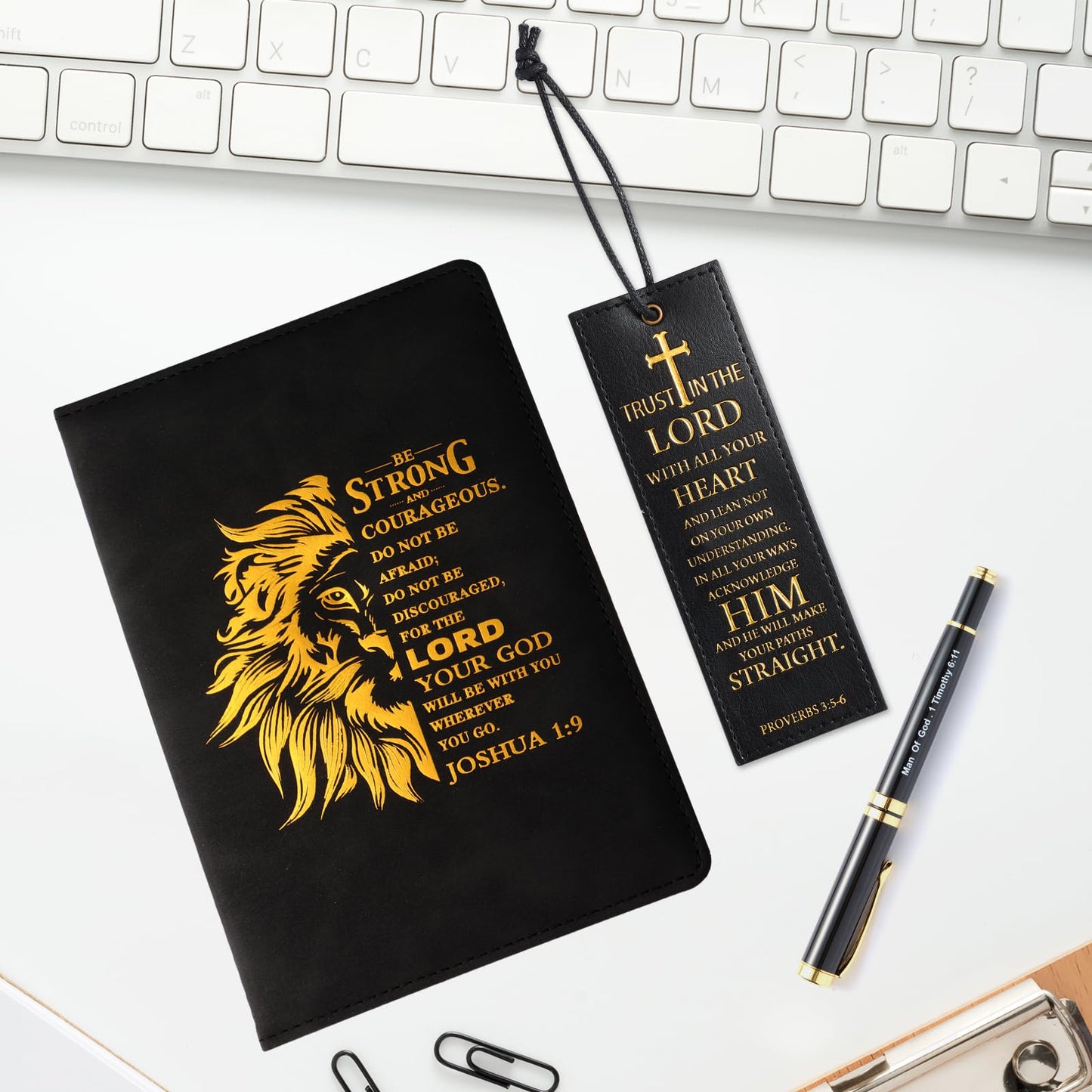 SAIWEILAI ONLINE 3 Pieces Christian Gifts for Men Religious Gifts for Dad Bible Verse Inspirational Notebook Bible Verse Ballpoint Pen Trust in The Lord Bookmark for Men Office School Journal Supplie