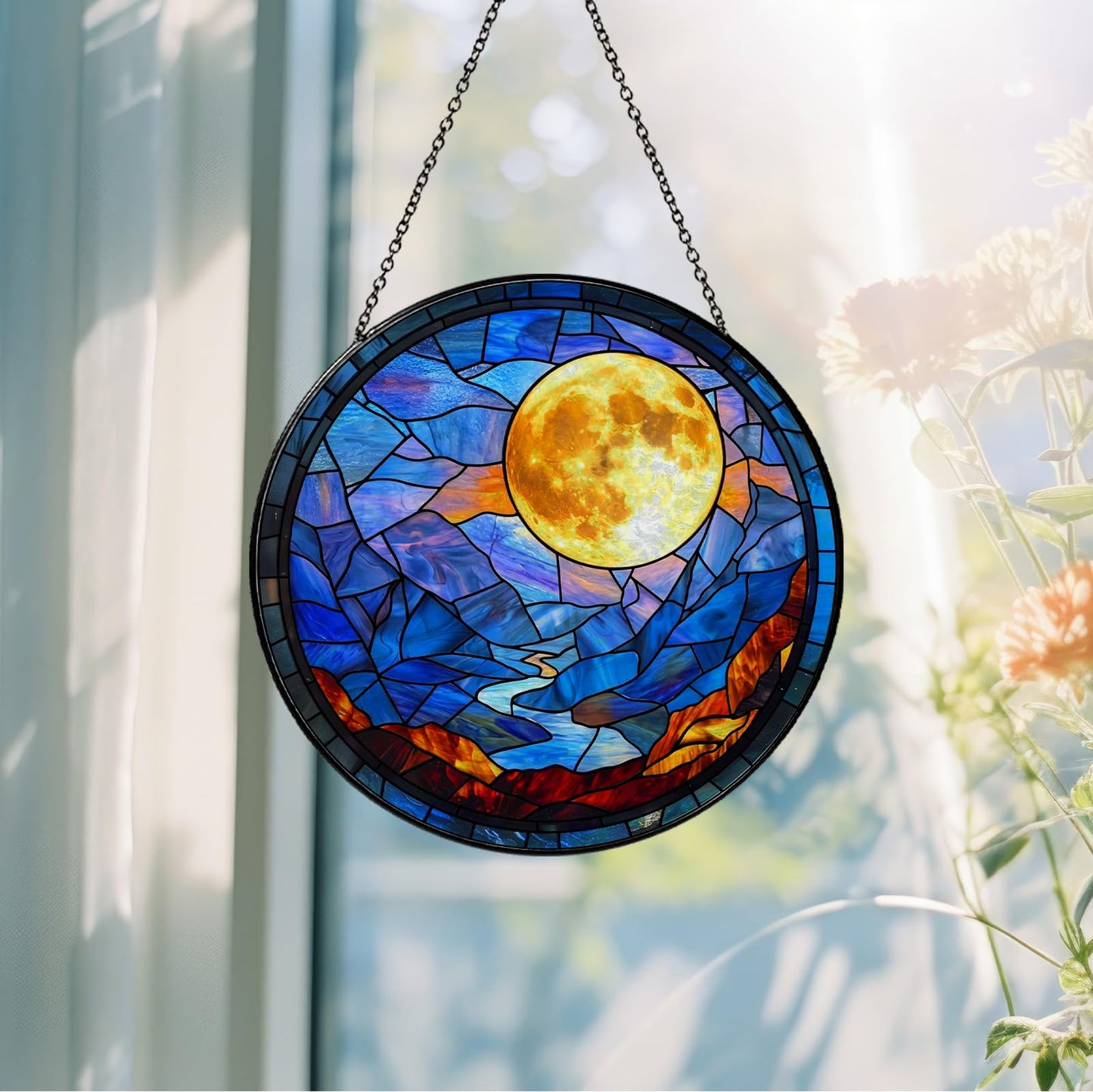 Full Moon Stained Glass Suncatcher, Celestial Window Hanging Decor with Lunar Crater Details, 7.87 Inch Sun Catchers Indoor Window, Mystical Night Sky Gift for Moon Lovers, Women, Men