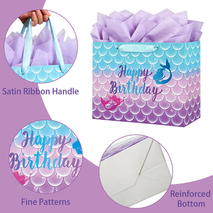 Yusenguan 16.5" Extra Large Mermaid Happy Birthday Gift Bag Set with Tissue Paper, Greeting Card and Handles, Perfect for Kids and Girls’ Birthday Parties