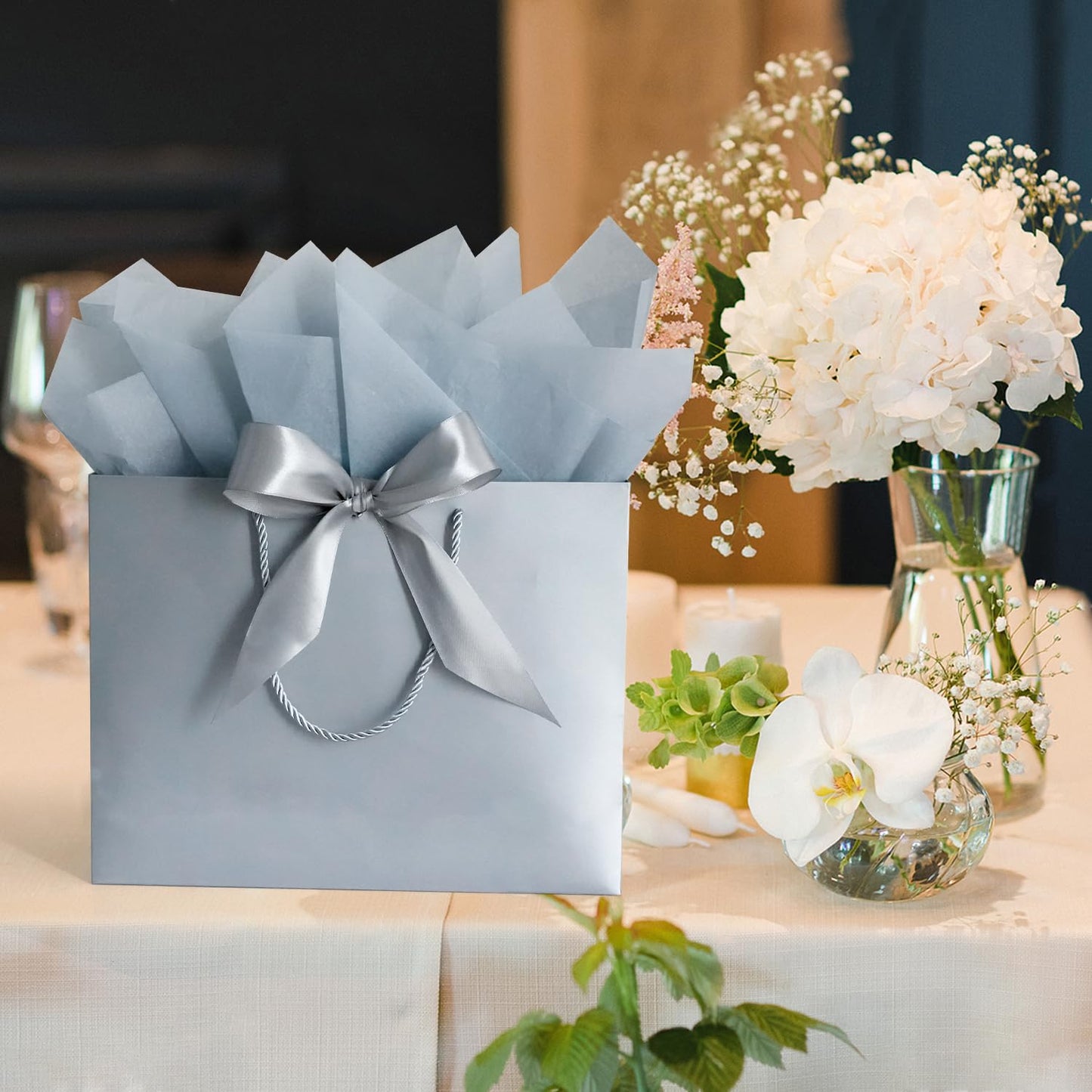 Large Gift Bags, 2PCS Gift Bags with Handle Tissue Paper Greeting Card, 13’’ Portable Birthday Gift Bag Set, Silver Present Bags for Birthday Party Favor Wedding Baby Shower Father’s Day, 13x10x4inch