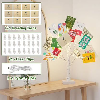 EAMBRITE Money Tree Gift Holder, Gift Card Tree 2FT 24LED, Lighted Birch Trees Battery/USB Powered Timer Photo Display with 24 Clips and 12 Cards for Home Graduation Christmas Picture Memo 2 Pack