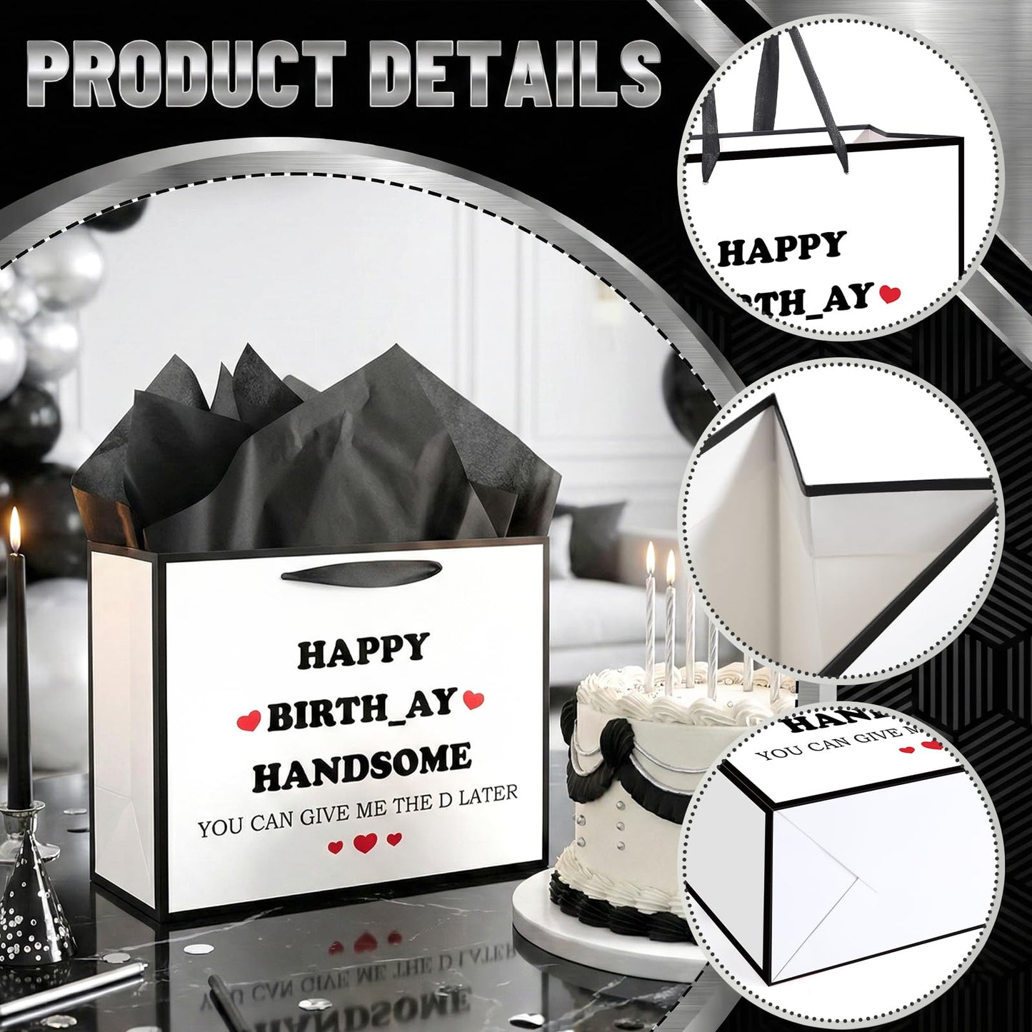 Funny Birthday Gift Bag for Men Boys Funny Gift Bag with Tissue Paper Greeting Card Happy Birthday Handsome Wrapping Bags for Men Husband Boyfriend Brother Retirement Party Decoration Supplies