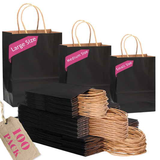 qiqee 100-Packs Black Paper Gift Bags with Handles Bulk Assorted Sizes(33pcs Large 13", 33pcs Medium 11", 34pcs Small 8")