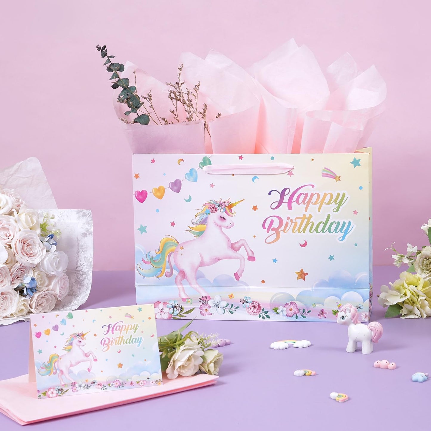 WERNNSAI 13" Large Unicorn Gift Bag for Girls Baby Girl Birthday Bag with Tissue Paper and Card for Kids Pink Unicorn Baby Shower Happy Birthday Theme Party