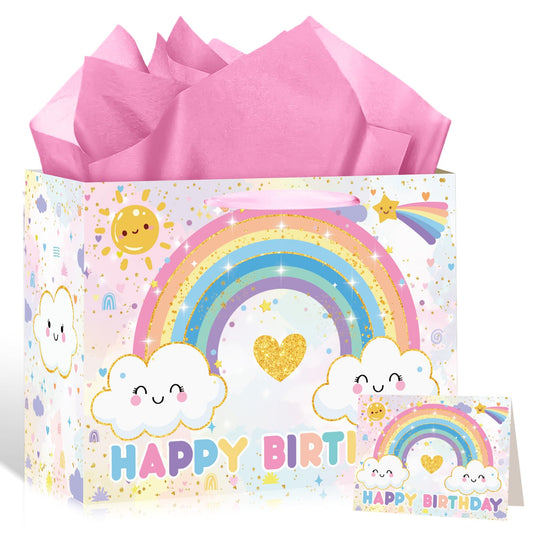 Pastel Rainbow Birthday Gift Bag for Kids Girls Baby Shower Colorful Macaron Happy Birthday Gift Bag with Wrapping Paper Card Large Rainbow Gifts Bag for Baby Shower Bday Decorations Party Supplies