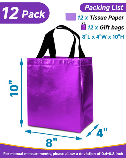 12 Purple Gift Bags with Tissues - Medium Sturdy Reusable Metallic Non-Woven 8x4x10 for Easter, Mother's Day, Graduations, Weddings & Birthdays
