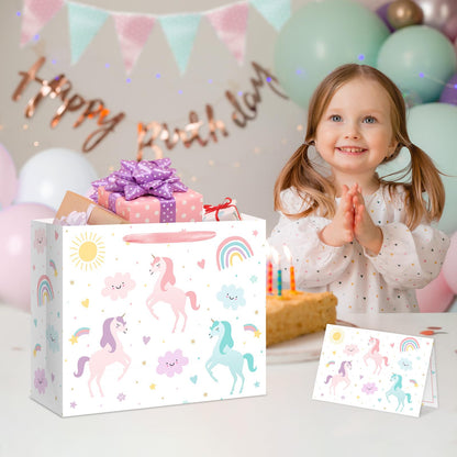 Reyoust 13" Large Magical Pastel Unicorn Happy Birthday Gift Bag with Card and Tissue Paper Rainbow Unicorn Birthday Party Decorations for Girls Kids 13" L x 10.2" H x 4.9" W