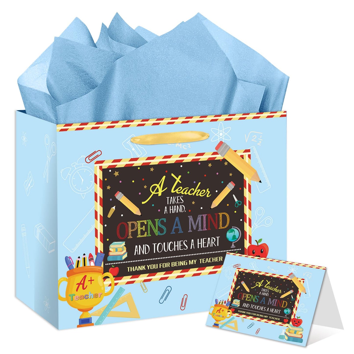 HSKMAKE Teacher Appreciation Gift Bags Blue Thank You Teacher Gift Set With Greeting Card, Envelope & Tissue Large Paper Bag for Educators, Graduation, Retirement Supplies