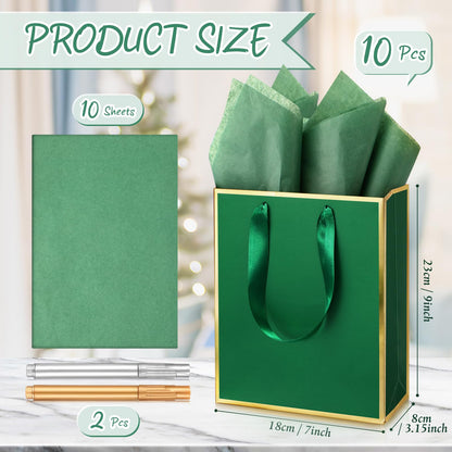 Yeaqee 10 Pack Metallic Paper Gift Bags with Handle Tissue Paper Thank You 5 Senses Gift Bag for Birthday Wedding Baby Shower Groomsmen Bridal Graduation Party Favor 9 x 7 x 3.15''(Green, Gold)