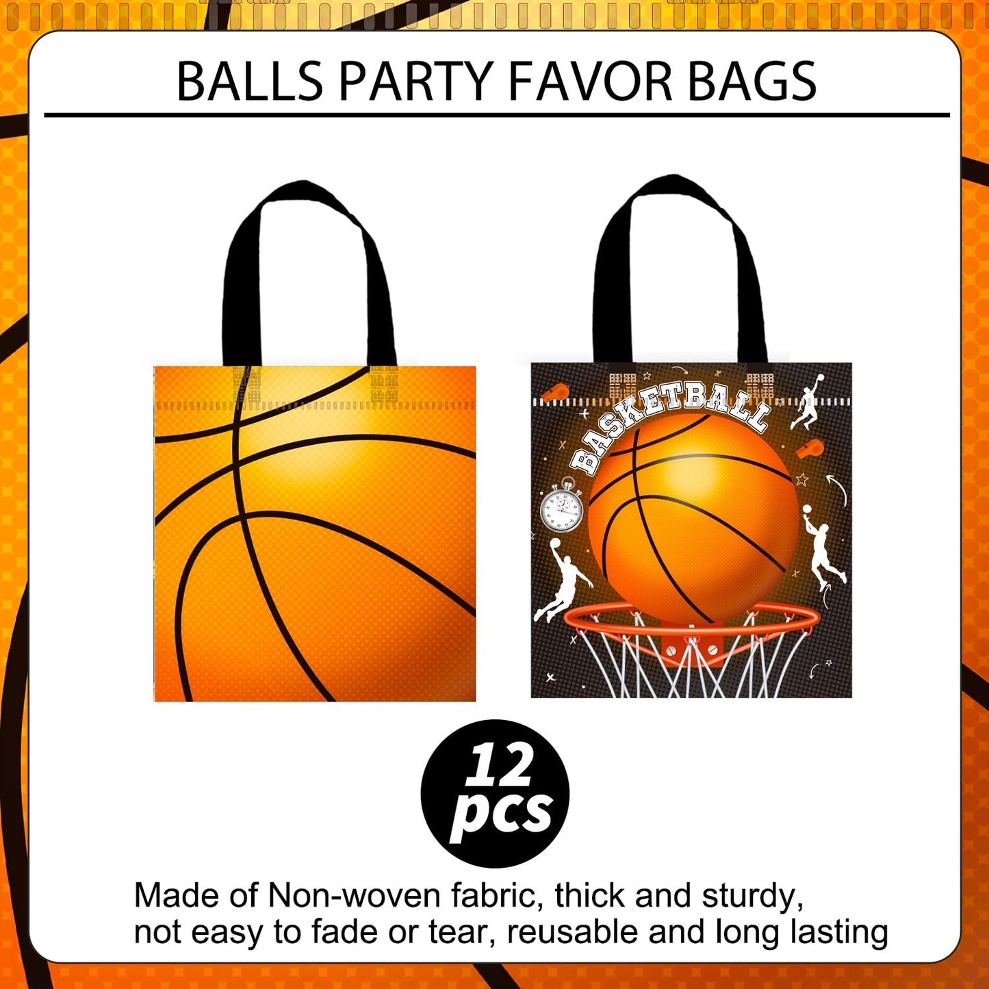 Basketball Party Favors Bags 12PCS Basketball Birthday Party Supplies Basketball Goodie Bag with Handles Sport Sport Ball Non-woven Candy Treat Snack Bags for Birthday Retirement All Star Party Decor