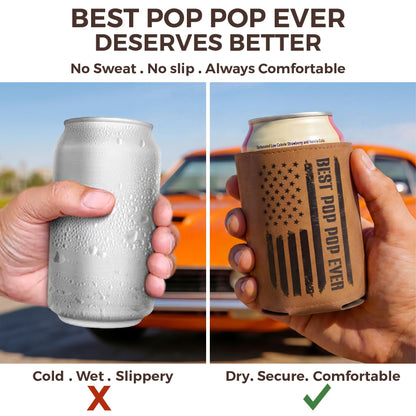 Best Pop Pop Gifts – Funny PU Leather Can Cooler Sleeve for PopPop from Grandkids, Fathers Day Birthday Christmas Gift Idea, Fits 12 Oz Cans