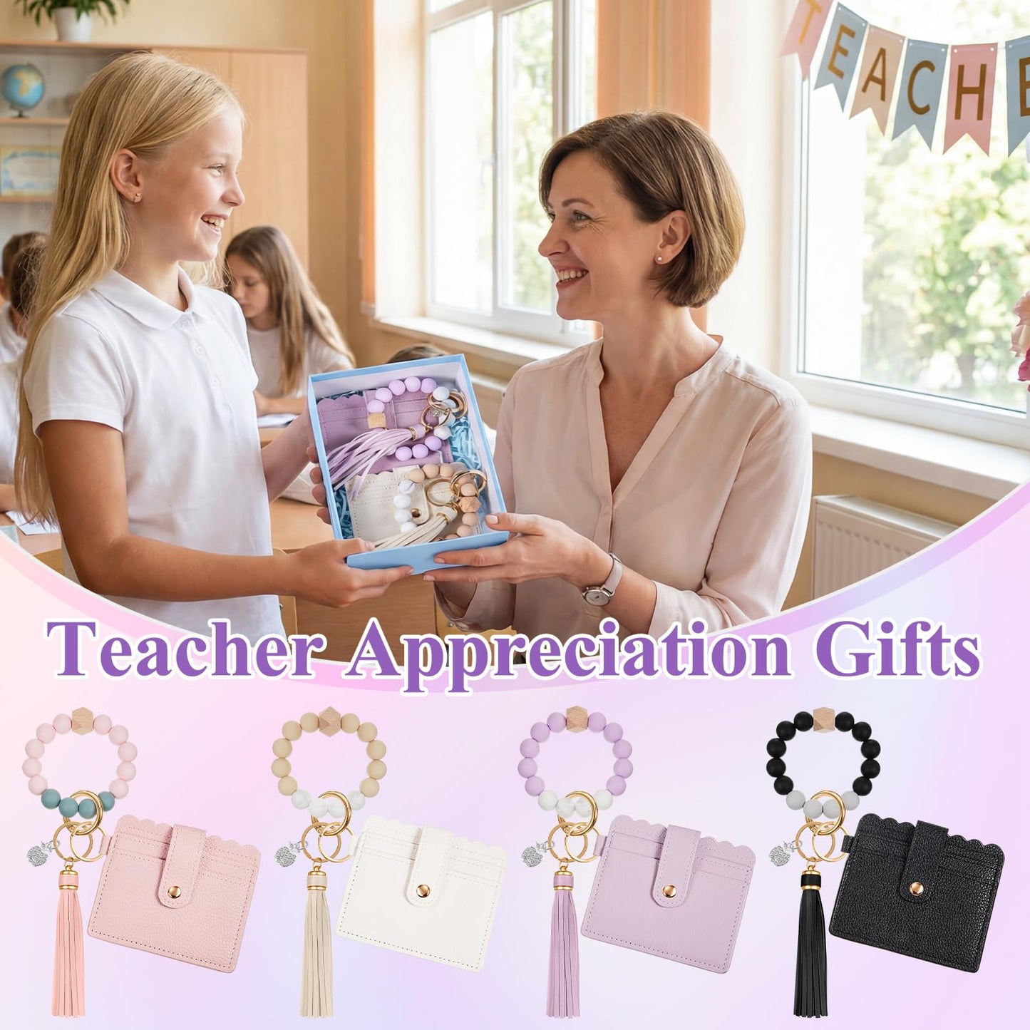 Landical 1/4/6 Set Teacher Appreciation Gift Bulk Wristlet Keychain Bracelet for Women Car Key Chain Thanks Card Giit Bags