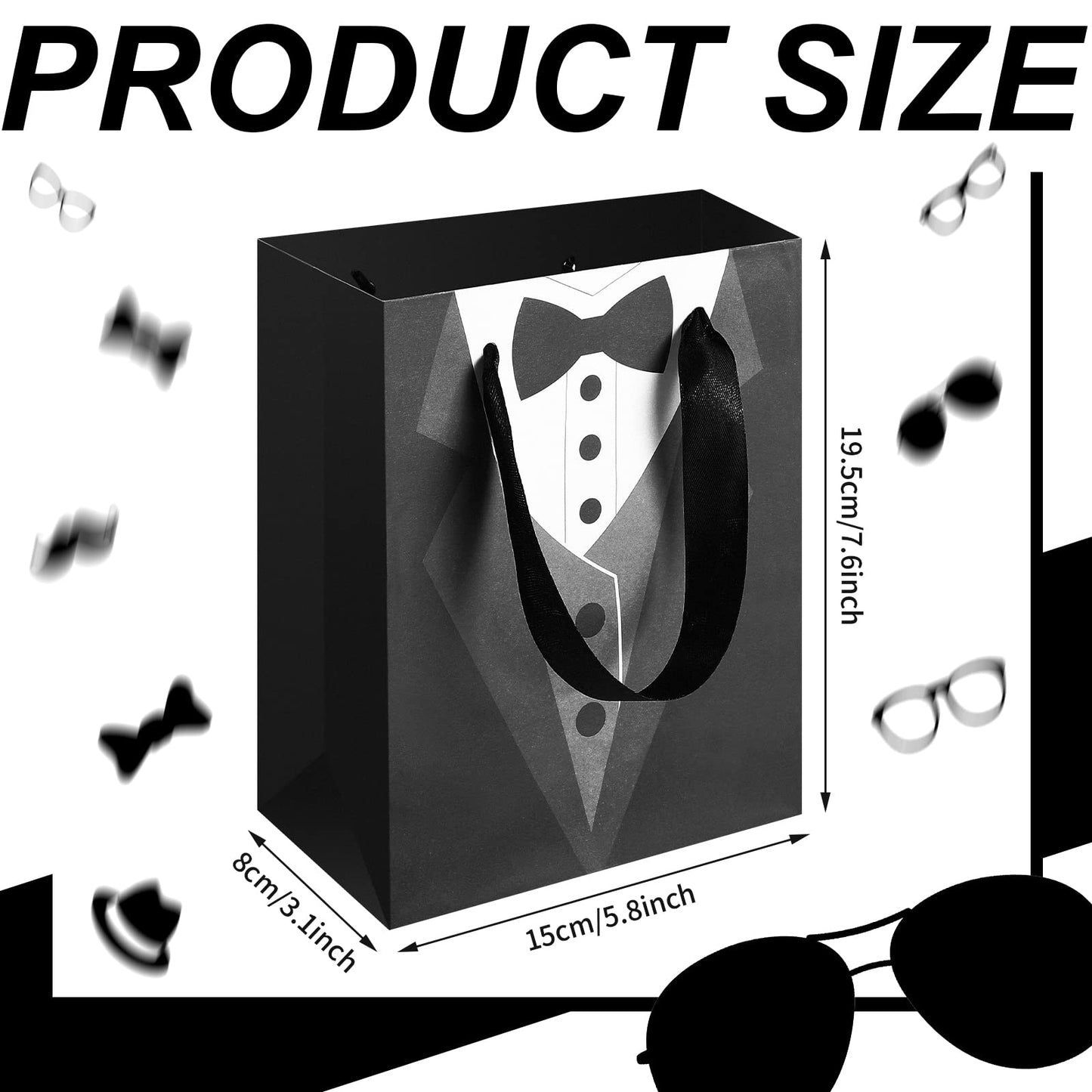 Sinmoe 24 Pieces 7 Inches Groomsmen Gift Bags Tuxedo Treat Bags Wedding Party Favor Black Tie Shirt Pattern Paper Present Wraps for Wedding Father's Birthday Anniversary Goodies Treats