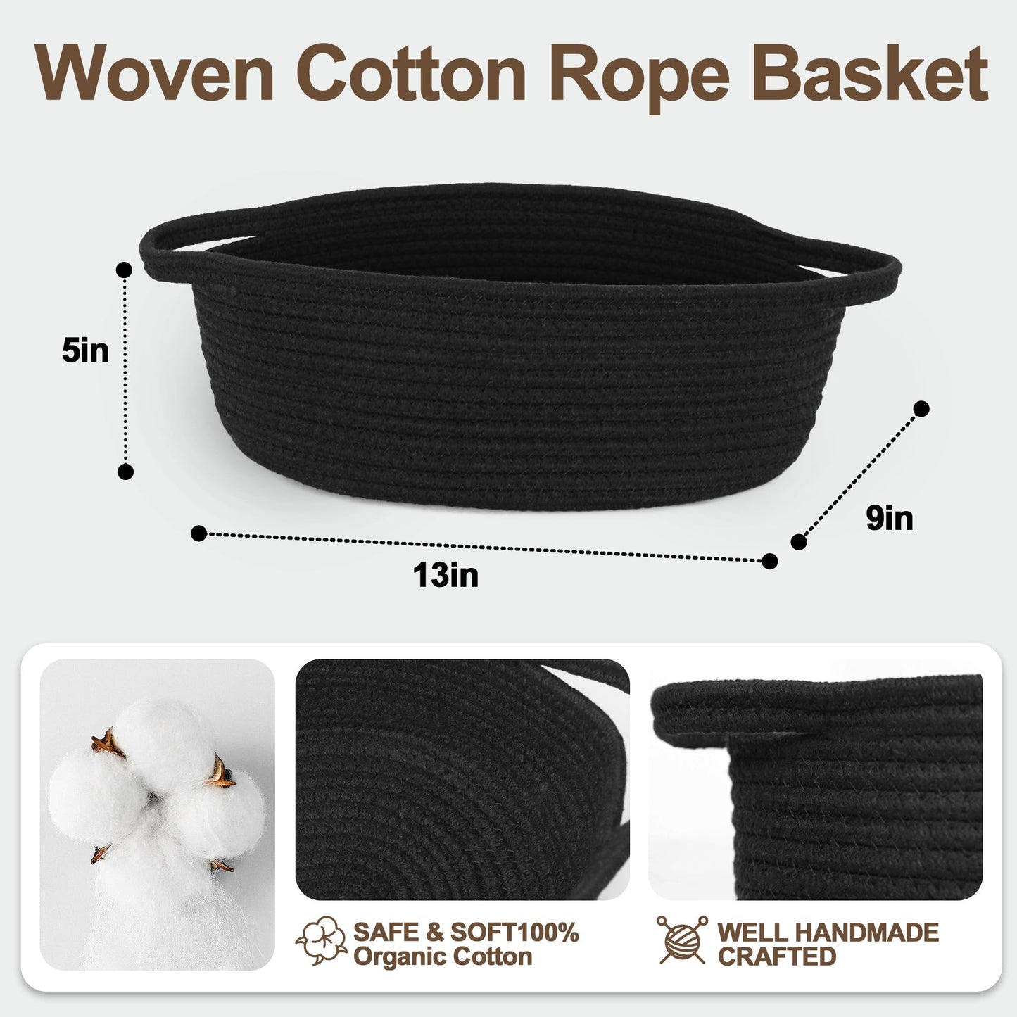 Small Baskets for Gifts Empty, 13"x 9"x 5" Woven Gift Basket with Bag and Ribbon, Cotton Rope Kids Dog Cat Toy Bin Box, Cute Baby Nursery Organizer, Decorative Storage with Handles (Black)
