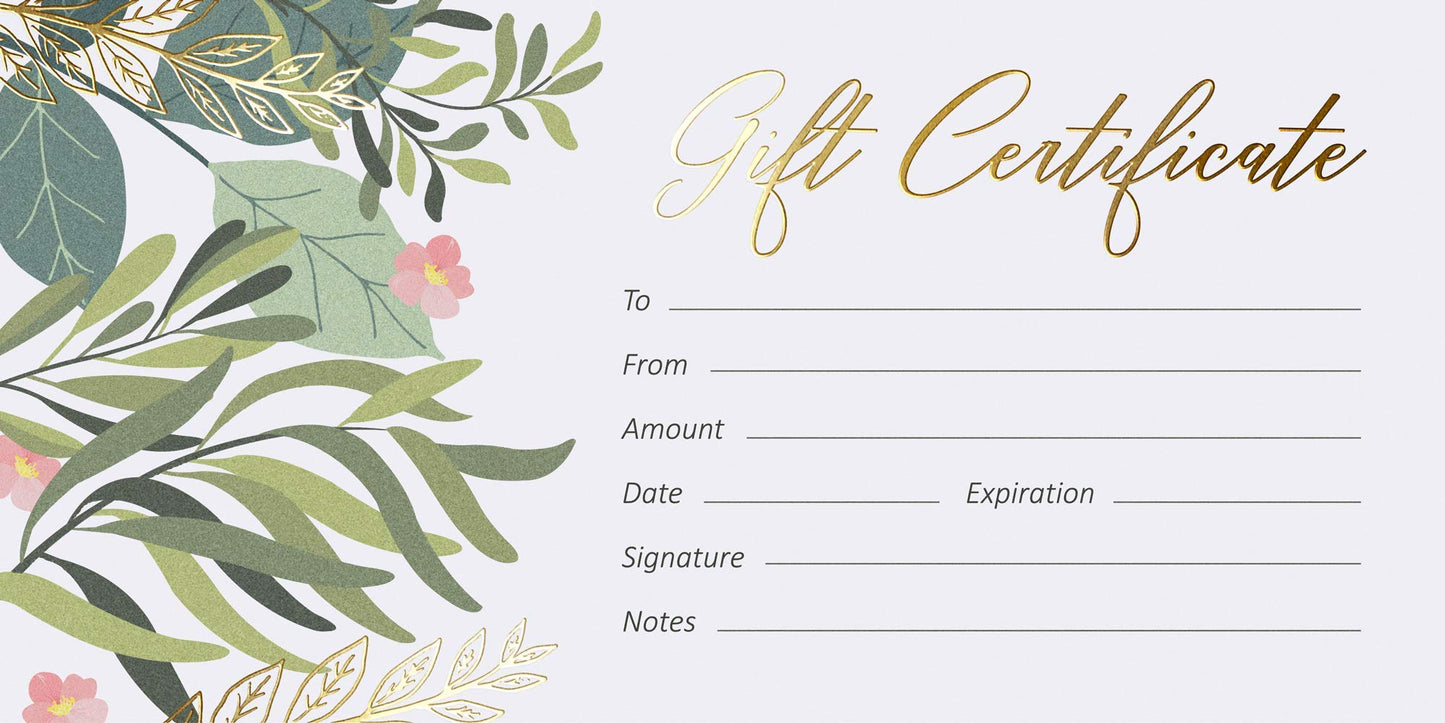 Sweetzer & Orange Blank Gift Certificates for Business with Gold Foil- 25 Gift Certificate Cards with Envelopes for Spa, Salon, Restaurants, Custom Client Vouchers for Birthday, Work Card – 3.75x7.5”