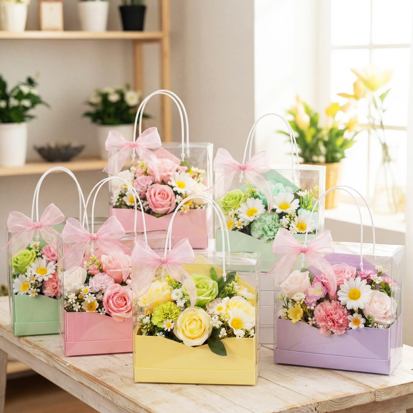 Resurhang 8 Set Flower Gift Boxes for Arrangement Mother's Day Flower Bags with Envelope Gift Boxes Clear plastic Bags with Handle Ribbon for Mom Wedding Bridal Shower Anniversary Floral Arrangement