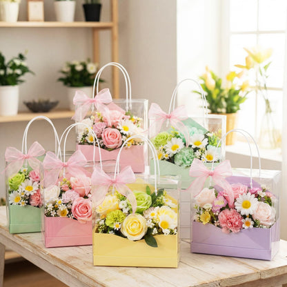 Resurhang 8 Set Flower Gift Boxes for Arrangement Mother's Day Flower Bags with Envelope Gift Boxes Clear plastic Bags with Handle Ribbon for Mom Wedding Bridal Shower Anniversary Floral Arrangement