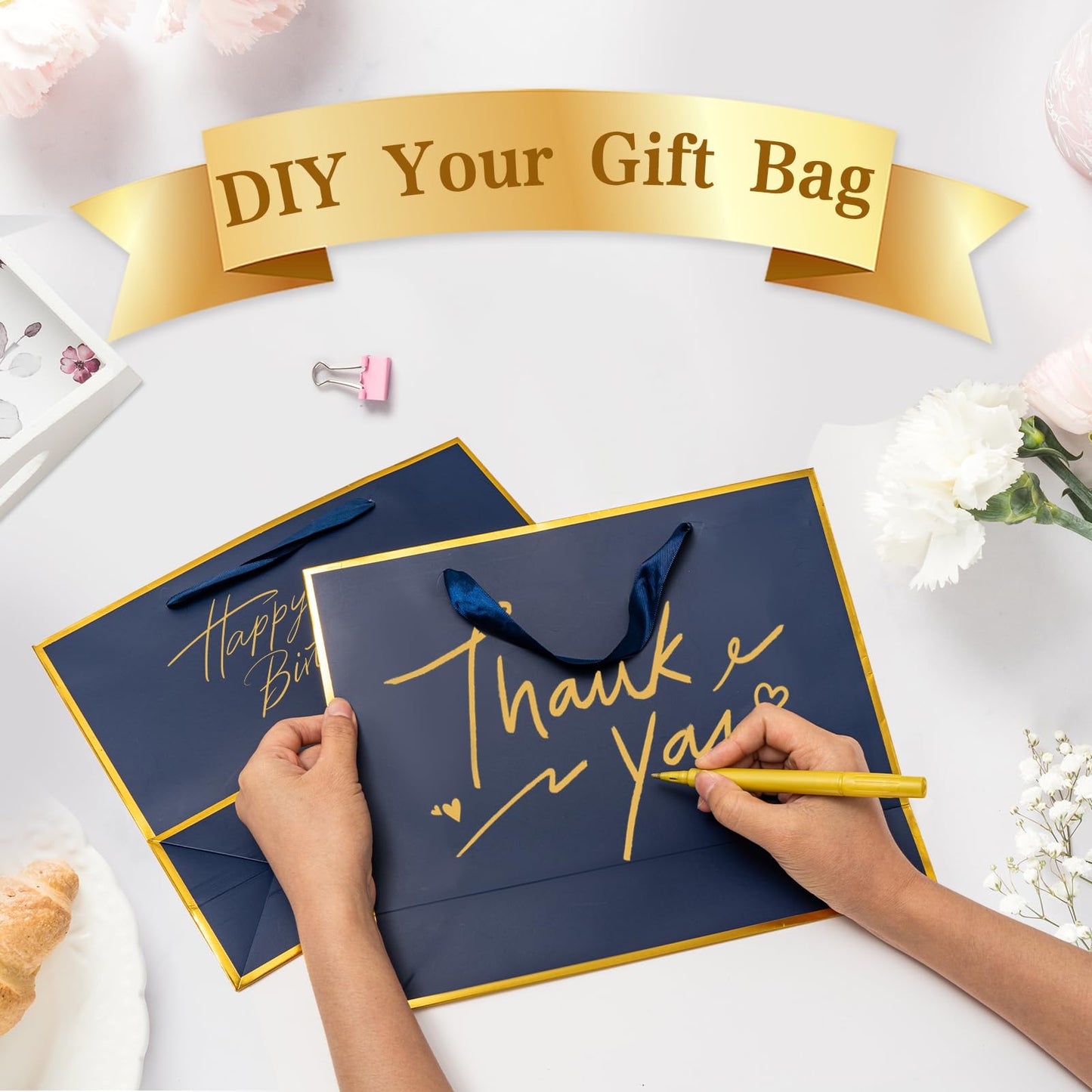 Epoesch 12 Pack Navy Blue Gift Bags with Handles – Includes 24 Tissue Paper – 11.8"x10"x4" – Elegant 5 Senses Gift Bags for Wedding, Bridesmaids, Groomsmen, Guests, Father's Day, Holidays (Navy Blue, Gold)