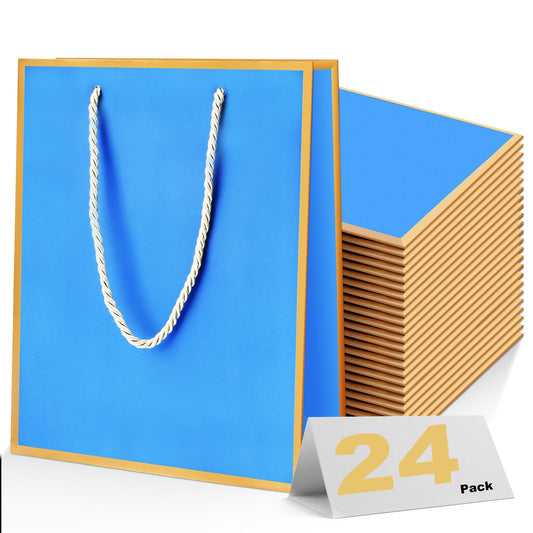 24Pack Medium Gift Bags with Handles,Blue Birthday Gift Bag 7,08'' x 3.14'' x 9.05',Welcome Bags Return Gifts with Golden Edge Design,Thank you Gifts Bag for Christmas Vacation Wedding Bridesmaid