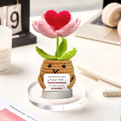 Gossby Handmade Positive Heart Flower Crochet with 'Sometimes You Forget You're Awesome Reminder' Card - Encouragement Gifts for Friend - Cute Inspirational Birthday Gift for BFF Sister Coworker Women
