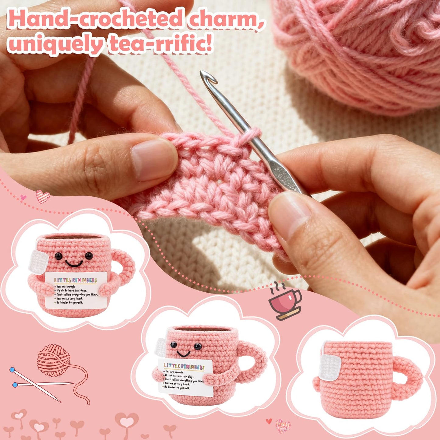 Cute Crochet Teacup - Mental Health Gifts with Positive Affirmations for Anxiety Relief - Cute Self Care, Encouragement Gift for Women, Friends - Little Reminders Desk Buddy
