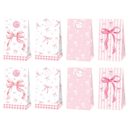 24 Pcs Pink Bow Party Paper Gifts Bags Girl Bow Birthday Party Treat Bags, Coquette Birthday Goodie Candy Bags for Bow Bridal Hot Pink Bachelorette Party Supplies(24-Bow-Bags)