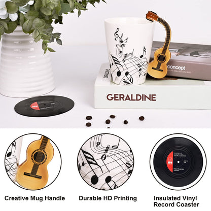 Maustic Guitar Mug, Guitar Gifts for Guitar Players, Music Teacher Gifts, Christmas Birthday Gift for Music Lovers, Ceramic Mug 13 Oz with Vinyl Record Coaster (Acoustic Guitars)
