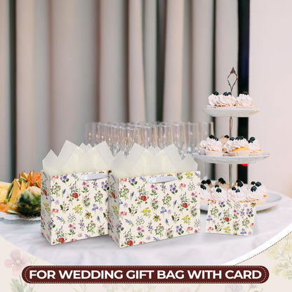 Maitys 12 Pack 12.6" Large Wildflower Gift Bags with Tissue Papers and Greeting Cards Elegant Flowers Floral Gift Wrapping Bags for Wedding Bridal Showers Birthday Baby Shower Party Decorations