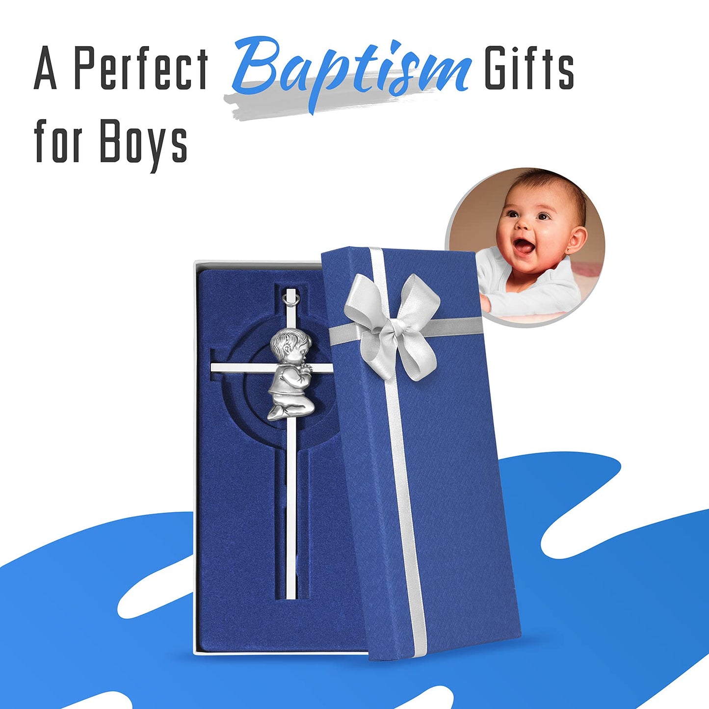 Tryuunion Baby Wall Cross Baptism Gifts for Boys, 7-inch Silver Blessing Boy Baptism Crosses for First Holy Communion Christening and Dedication Baptismal Gifts from Godparents
