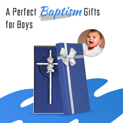Tryuunion Baby Wall Cross Baptism Gifts for Boys, 7-inch Silver Blessing Boy Baptism Crosses for First Holy Communion Christening and Dedication Baptismal Gifts from Godparents