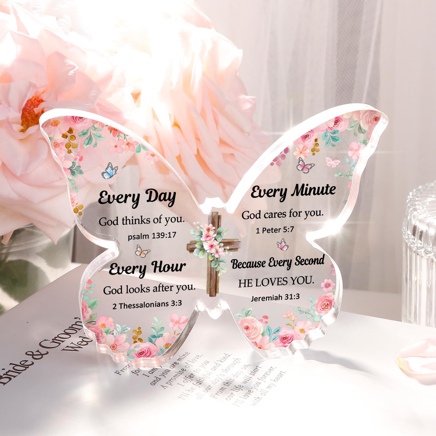 Christian Gifts for Women Faith, Butterfly Acrylic Plaque Sign, Christian Gift for Women on Mothers Day Birthday, Spiritual Present for Female Friend Family, 5x3.8x0.5 Inch - Pink