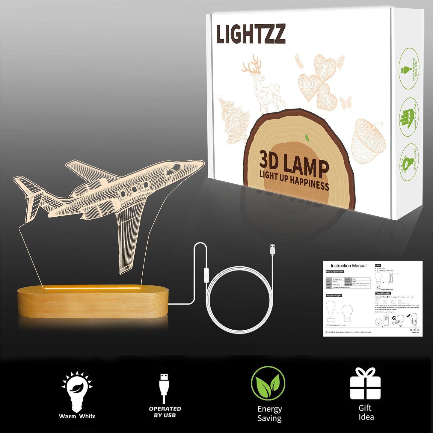 3D Illusion Airplane Night Light for Pilot Gift, Unique Aviation Gifts for Men, Dimmable Wooden LED Lamp with Remote Control for Boys Room Decor, USB Powered Bedside Table Lamp