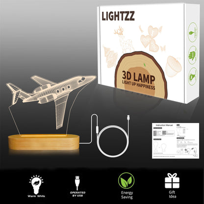 3D Illusion Airplane Night Light for Pilot Gift, Unique Aviation Gifts for Men, Dimmable Wooden LED Lamp with Remote Control for Boys Room Decor, USB Powered Bedside Table Lamp
