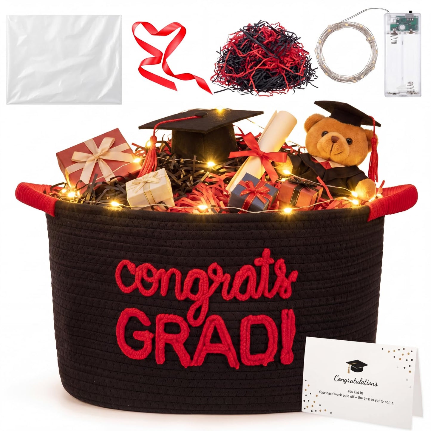 Colingmill 2026 Graduation Large Gift Basket Empty to Fill, 15"x10"x9" Congrats Grad Decorative Rope Storage Basket with Card, LED String Lights & Paper Filler, DIY Graduation Gift(Black Red)