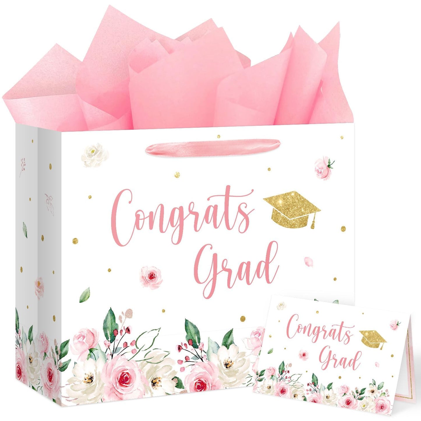 Aysimple 13" Large Graduation Gift Bag with Tissue Paper and Greeting Card Congrats Grad Present Bag for Her Pink Flower Gift Party Favor Bags for Girls Female Women Graduation Party Supplies 1Pcs