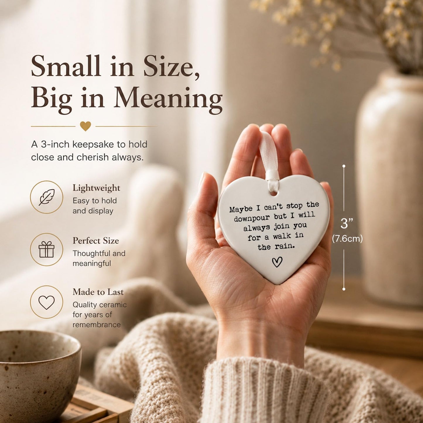 Friendship Gifts for Women, Ceramic Heart Keepsake Ornament “Maybe I Can’t Stop the Downpour” Encouragement Keepsake for Best Friend, Sister, Tough Times Support with Gift Box, 3 Inch