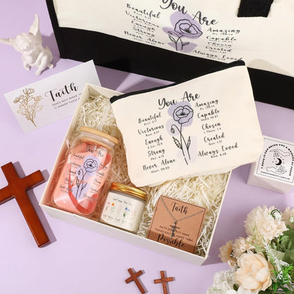 6 Pcs Christian Gifts for Women Faith Set Mother's Day Religious Gift for Women with Tote Bag Makeup Bag Candle Cross Necklace Cup Greeting Card for Church Grad Birthday(You are,Purple)