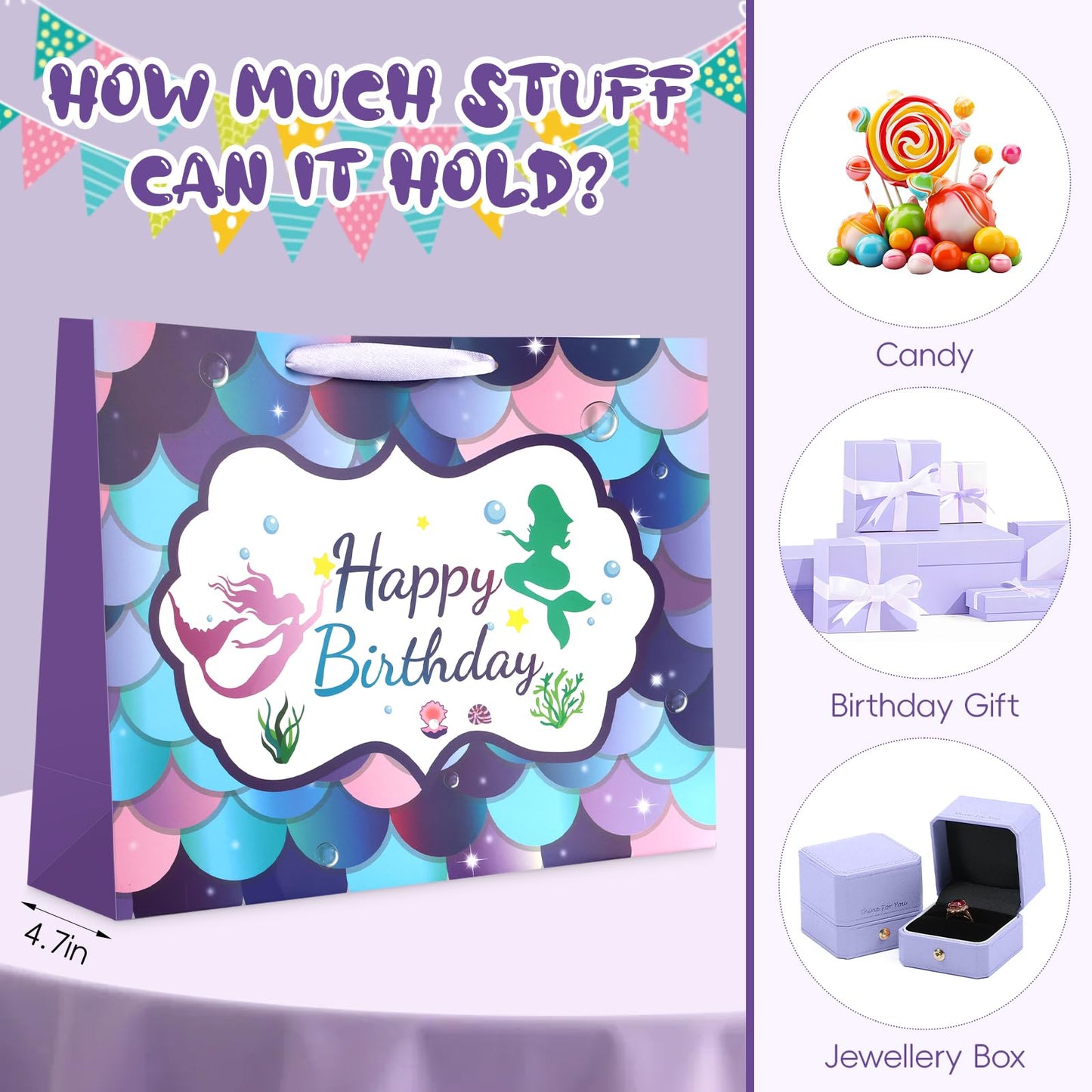 JMANNI Large Happy Birthday Gift Bag with Tissue Papers and Greeting Card,Portable Paper Mermaid Gift Bags with Handles,Purple Present Bags for Women Girls Birthday Party Supplies13 x 10.2" x4.7"
