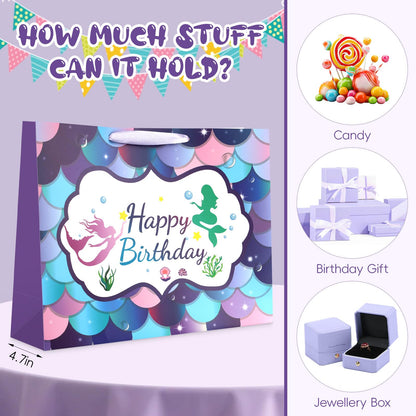 JMANNI Large Happy Birthday Gift Bag with Tissue Papers and Greeting Card,Portable Paper Mermaid Gift Bags with Handles,Purple Present Bags for Women Girls Birthday Party Supplies13 x 10.2" x4.7"