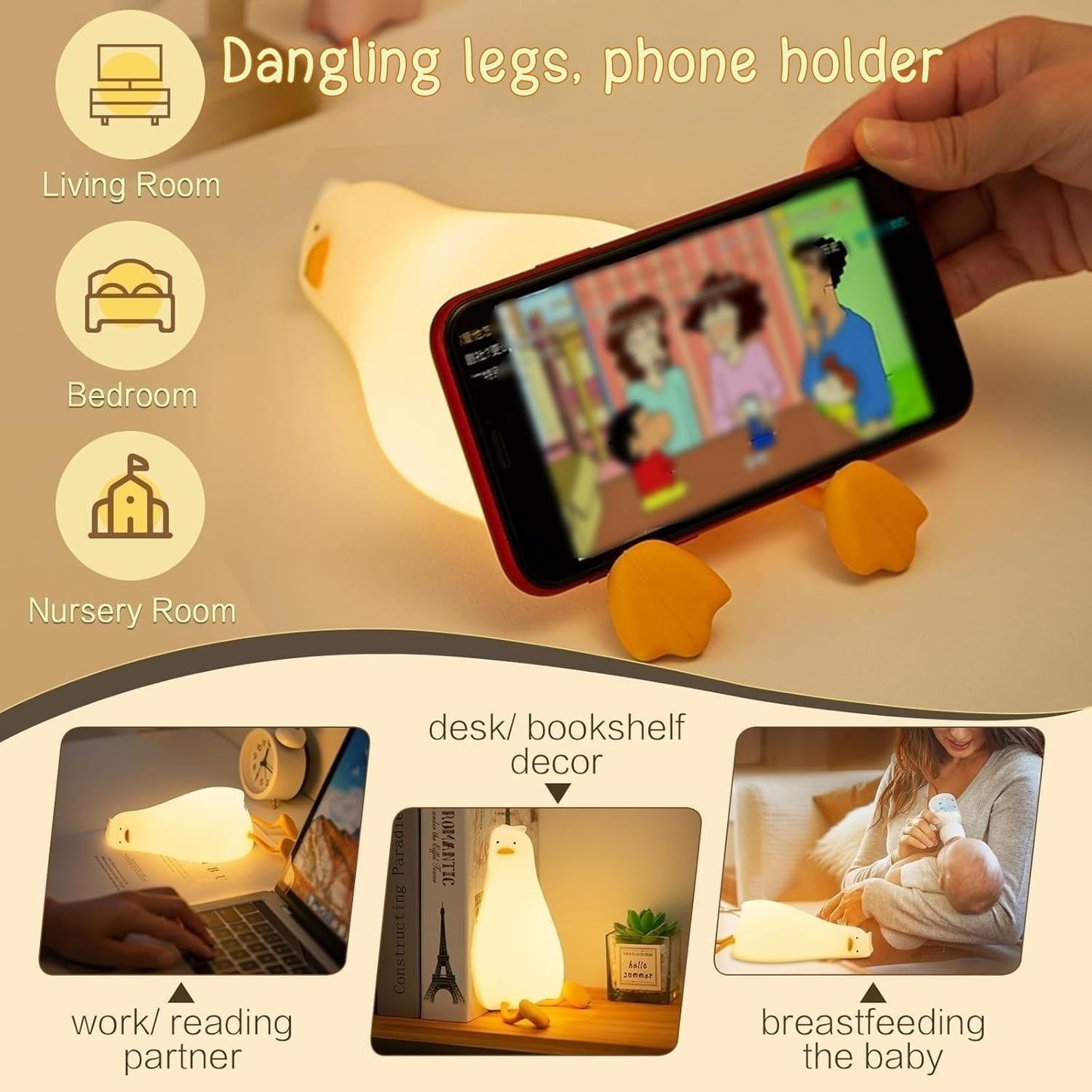 YR YRHH-PET Existential Crisis Duck Lamp, Squishy Kid Cute Lying Flat Duck Night Light, Rechargeable Ducky Lay Touch Lamp, College White Elephant Gifts, Boy Girl Fun Birthday Gift, Safe Silicone Decor
