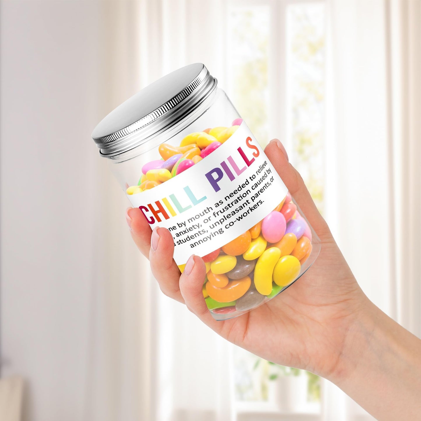 Funny Teacher Appreciation Gift - Plastic Chill Pills Jar with "Chill Pills"Sticker Cute Practical Medication Management Transparent Jars for Teacher's Day Graduation Gift(Candy Not Included)