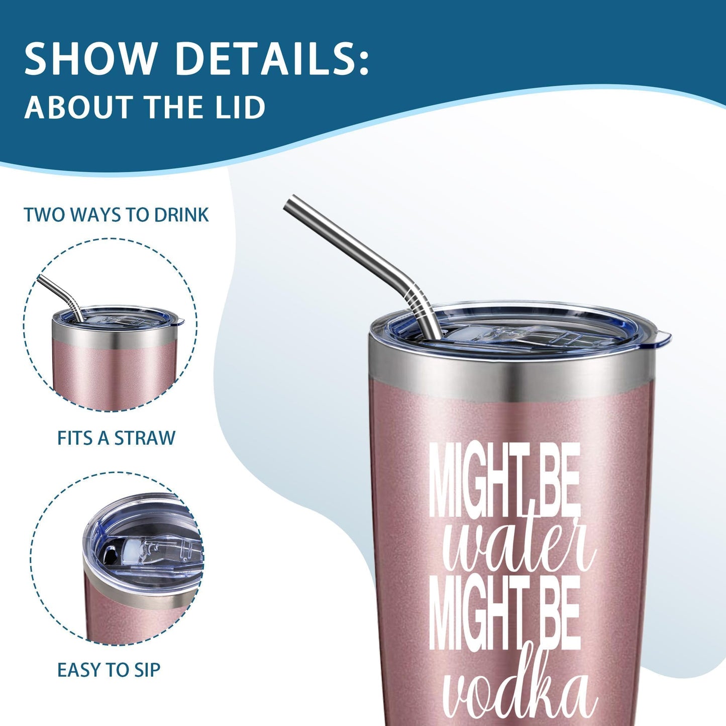 ATHAND Might Be Water Might Be Vodka 20 Oz Insulated Tumblers with Lid & Straw | Double Wall Stainless Steel Vacuum Wine Tumbler Travel Coffee Mugs | Novelty Birthday Gifts For Women (Rose Gold)