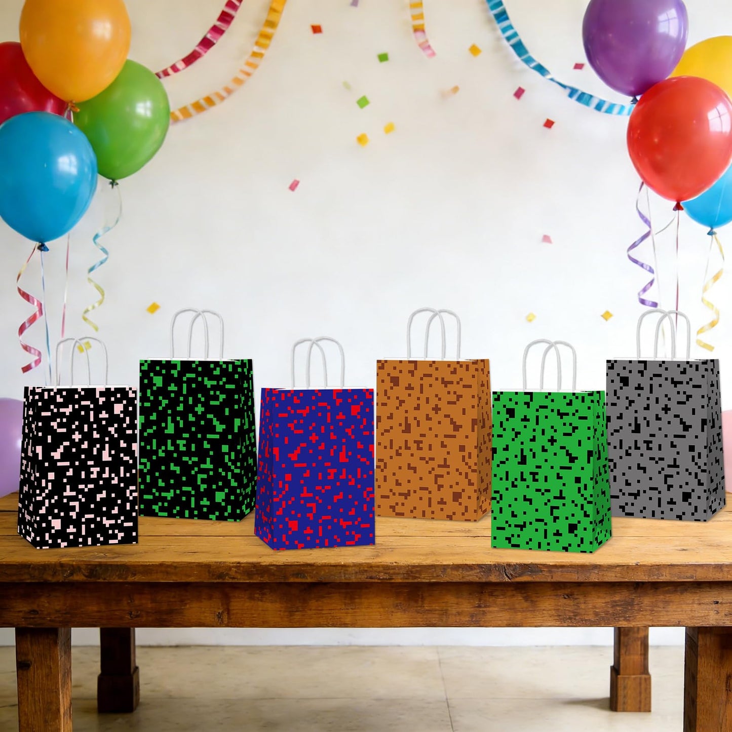 12 PCS Pixel Party Favors Bags Video Game Themed Paper Treat Bags with Handles Pixelated Goodie Gift Bag for Boys Girls Video Game Happy Birthday Baby Shower Party Decoration Supplies
