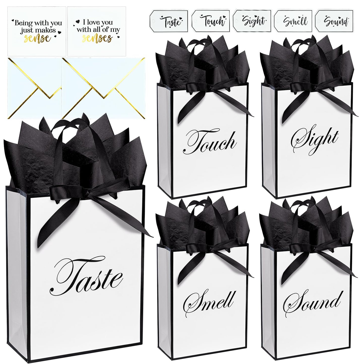 Nimbbex 5 Senses Gift Bags for Him Her with Labels & Ribbon, Five Senses Gift Bags with Handle, Envelopes and Cards for Birthday, Anniversary, Mother's Day, Valentine's Day 9 x 7 x 3.2 Inches (White)