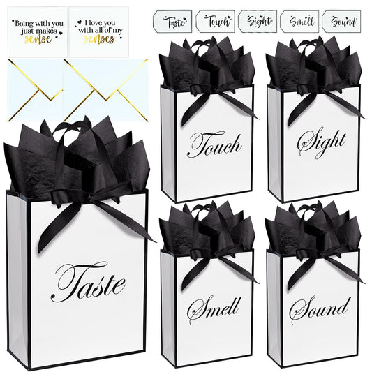 Nimbbex 5 Senses Gift Bags for Him Her with Labels & Ribbon, Five Senses Gift Bags with Handle, Envelopes and Cards for Birthday, Anniversary, Mother's Day, Valentine's Day 9 x 7 x 3.2 Inches (White)