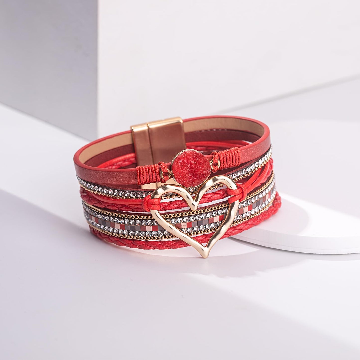 FANCY SHINY Heart Leather Wrap Bracelets Stackable Boho Cuff Bangles Trendy Resin Stone Rhinestone Bracelets with Magnetic Clasp for Women