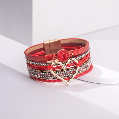 FANCY SHINY Heart Leather Wrap Bracelets Stackable Boho Cuff Bangles Trendy Resin Stone Rhinestone Bracelets with Magnetic Clasp for Women